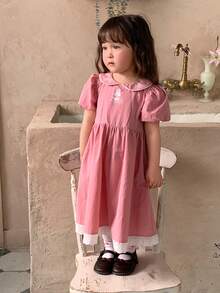 DAZY Đầm kiểu Hàn Quốc dễ thương cho bé gái, cổ Peter Pan, thêu hình thỏ hoạt hình, thích hợp cho mùa xuân/thu. - Đỏ - Xem 5