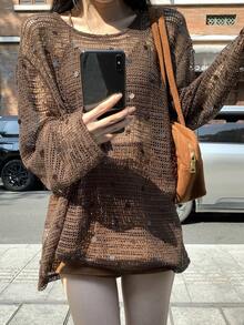 DAZY Women's Sequin Embellished Round Neck Long Sleeve Korean Style T-Shirt, Summer - Coffee Brown - View 3