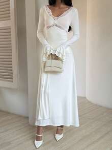 Livesso Đầm trắng dáng xòe tay bồng phối ren rỗng, eo xếp ly, thanh lịch cho mùa xuân hè, thích hợp cho ngày Valentine, đám cưới, tiệc tùng, các dịp trang trọng, thời trang, dáng ôm, đầm đi làm. - Màu be - Xem 1