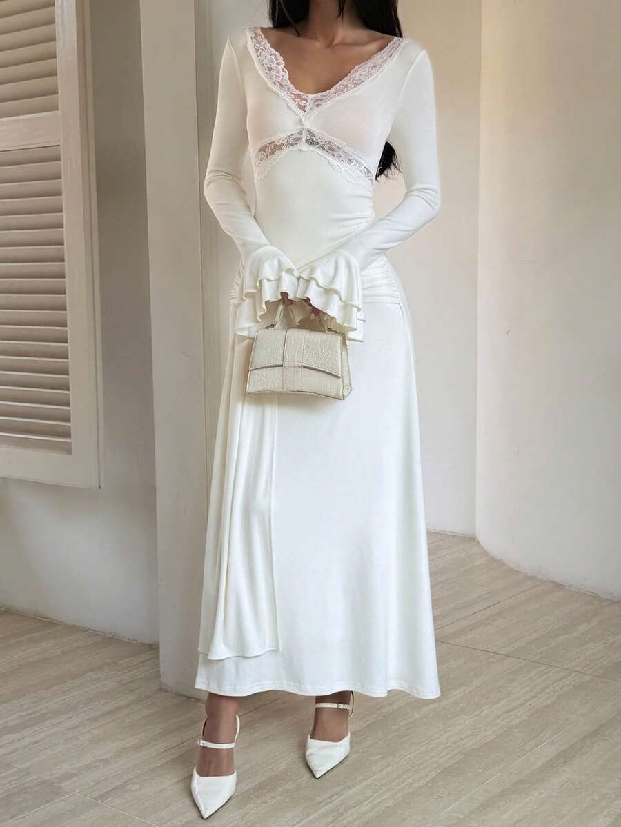 Livesso Đầm trắng dáng xòe tay bồng phối ren rỗng, eo xếp ly, thanh lịch cho mùa xuân hè, thích hợp cho ngày Valentine, đám cưới, tiệc tùng, các dịp trang trọng, thời trang, dáng ôm, đầm đi làm. - Màu be - Xem 1