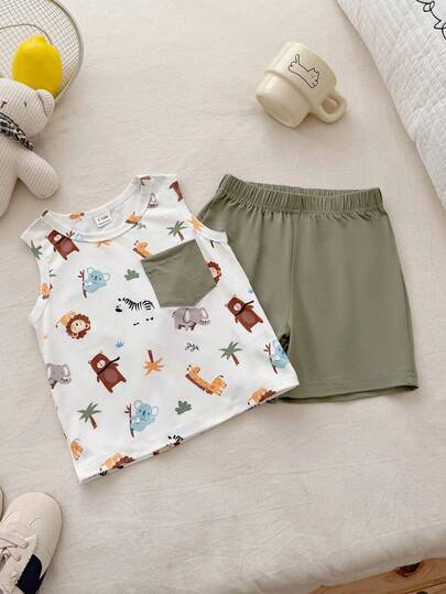 SHEIN Babyboy Summer Cartoon Animal Print Round-Neck Sleeveless Vest Paired With Pure Green Shorts Two Pieces Set, Pure White Base Color With Jungle Animal Full-Printed Patterns, Simple, Comfortable, Lively And Cute Style, Knitted Fabric, Fit Well, Green Patch Bag On The Side Adds Practical Details, Perfect For Visiting Wildlife Parks, Participating In Parent-Child Nature Study Tours, Outdoor Adventures, Comfortable At Home, And Happy Party Time.
