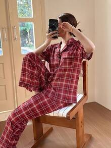 SHEIN Napfluff Cotton-Like Milk Silk Plaid Print Pattern Women Short Sleeve Pajama Set - Red - View 4