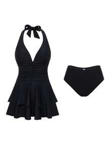 Swim Lushoire 女士夏季度假休闲沙滩装纯黑色女士泳裙比基尼挂脖系带泳衣套装 - 黑色 - 查看 5