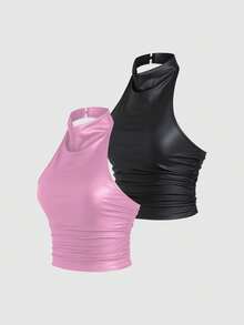 Sweetra 两件套女士时尚性感露背PU皮革派对露脐上衣套装 - 彩色 - 查看 6