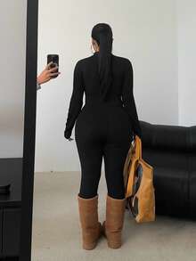 SHEIN CURVE+ Plus Size Black Jumpsuit With Front Zipper, Long Sleeve, High Stretch, Waist Cinching, Slimming, Minimalist Design