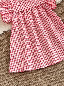 SHEIN Babygirls Summer Red Plaid Cap Sleeve Mini Dress, Countryside Style, Cute Pattern, Lightweight Silhouette, Suitable For Outdoor, Casual, And Party Occasions - Red - View 5