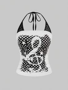 ROMWE J-Fashion Y2K辣妹音乐节主题波点印花二合一撞色蕾丝棉质露背修身背心（女款） - 白色 - 查看 1