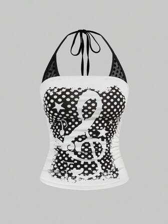 J-Fashion Y2K Spice Girls Music Festival Note & Polka Dot Print 2 In 1 Contrast Lace Cotton Halter Neck Bodycon Tank Top For Women