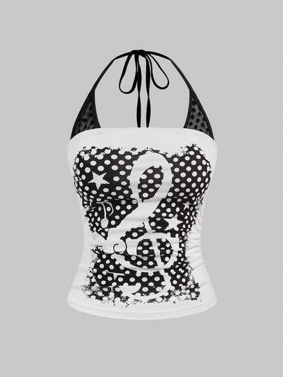 J-Fashion توب كوتون بحلقة الرقبة للنساء بطبعة ملاحظات وبولكا دوت من فرقة سبايس جيرلز، تصميم متباين مع تطريز دانتيل، مناسب لمهرجانات الموسيقى