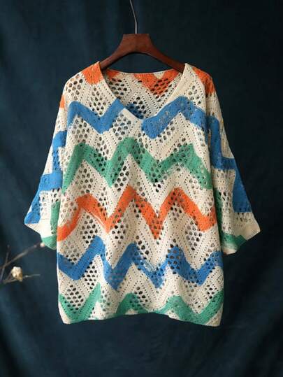 EMERY ROSE 2026 大码女装时尚休闲简约百搭短袖V领系带波浪纹印花毛衣，适合日常穿着