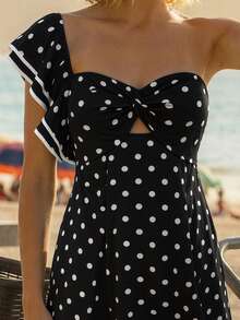 CAJUNI Women's Vacation Ruffle Sleeve Polka Dot Print Fitted Elegant Fashion Dress - Black and White - View 5