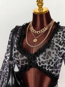 Amplova 女士复古豹纹透视低胸性感连体衣 - 深灰色 - 查看 4