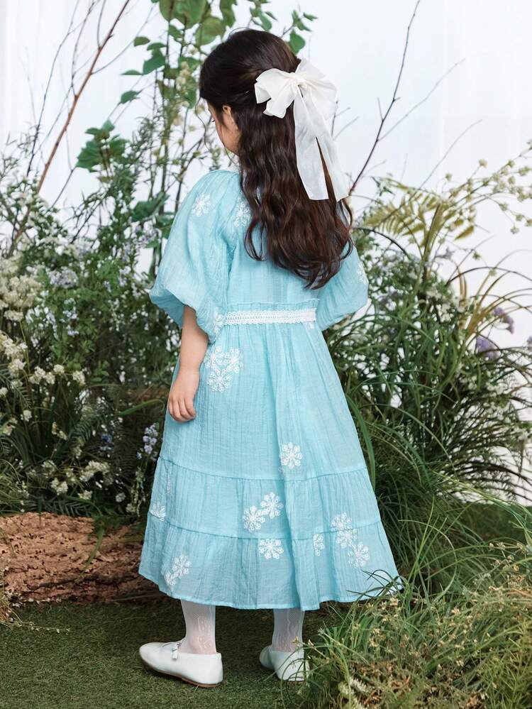 Young Girls V-Neck Lace Patchwork Korean Style Spring/Summer Elegant Party Short Sleeve Dress