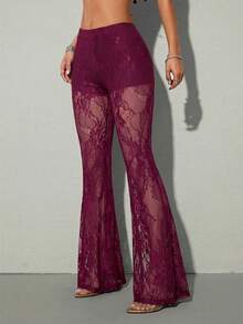 SHEIN ICON 女士Y2K性感西部风低腰蕾丝喇叭裤，优雅时尚 - 酒紅色 - 查看 3