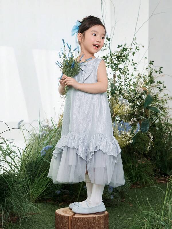 DAZY Young Girl' Round Neck Sleeveless Contrast Color Bow Decor Party Dress, Spring/Summer