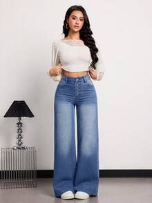 SHEIN Tall TALL Summer And Spring Women's Casual Going Out Washed High Waist Wide Leg Jeans - Medium Wash - View 4