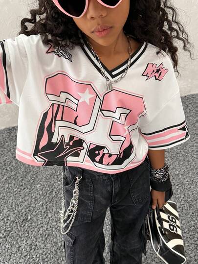 2026 Spring & Summer Casual Minimalist, Streetwear Y2K, Flame Graphic 23 Printed V-Neck Loose Short Flare Sleeve Mesh T-Shirt For Tween Girls, Suitable For Summer, Sports Events, Workout,School Clothes Y2k Jersey Jersey Y2k Y2k Tops Graphic Tees Y2k 90s Top Suitable For Chic