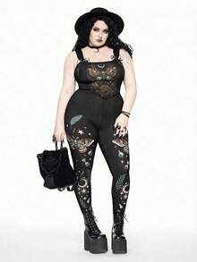 ROMWE Quần legging đen in hình bướm Gothic, sao và trăng, họa tiết cây cỏ và lông vũ, dáng ôm, cỡ lớn, thích hợp cho mùa thu/đông. - Màu xanh lá cây đậm - Xem 2