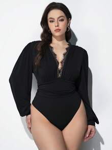 Maija Plus Size Women's Black Lace Solid Color Elastic Ruffle Sleeve Bodysuit, Romantic, Fashionable, Versatile; Comfortable, Elegant, Casual, Simple For Daily Wear, Essential, Holiday Leisure, Appropriate, Single Lady, Elegant Fashion Business Casual Outerwear Top - Burgundy - View 5