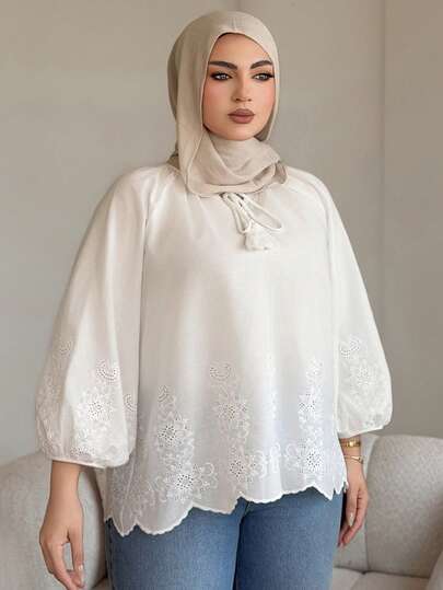 Dazy Plus 优雅宽松蕾丝边灯笼袖系腰圆领超大款白色衬衫