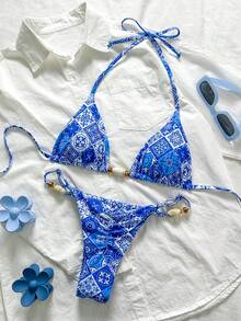 Elavelle Springbreak Women's Random Print Halter Ruched Beaded Sexy Bikini Swimsuit Set, Summer Beachwear Outfits - Multicolor - View 2