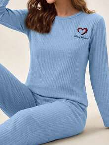 EURMUSE 100%Cotton Letter Embroidery Ribbed Knit Lounge Set - Baby Blue - View 3