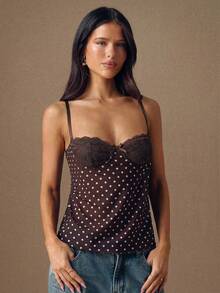 SHEIN BAE Áo hai dây ren chấm bi in họa tiết vá dành cho nữ - màu nâu - Xem 5