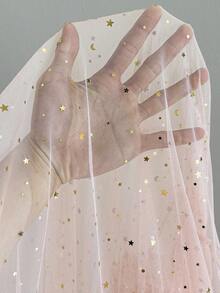 Flirla 2026 大码星形亮片网纱圆领半透明长泡泡袖胸前拼接网纱腰部抽绳女式连衣裙 - 粉色 - 查看 9