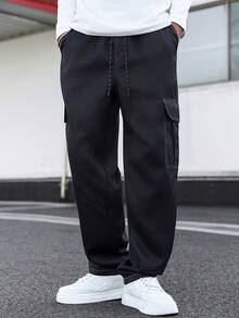 Manfinity Homme 男士休闲抽绳腰带翻盖口袋裤 男士工装裤 男士街头风裤 宽松工装裤 黑色工装裤 - 黑色 - 查看 3