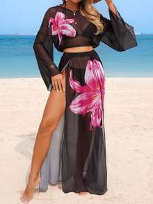 Swim Vcay 2026 Retro Floral Print Loose Long Sleeve Chiffon Cover Up & High Waist Long Skirt Set, Women Summer Beach Vacation Casual Outfit - Black - View 5