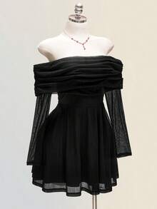 SHEIN ICON Váy trễ vai màu trơn thanh lịch cỡ lớn cho nữ - màu đen - Xem 7