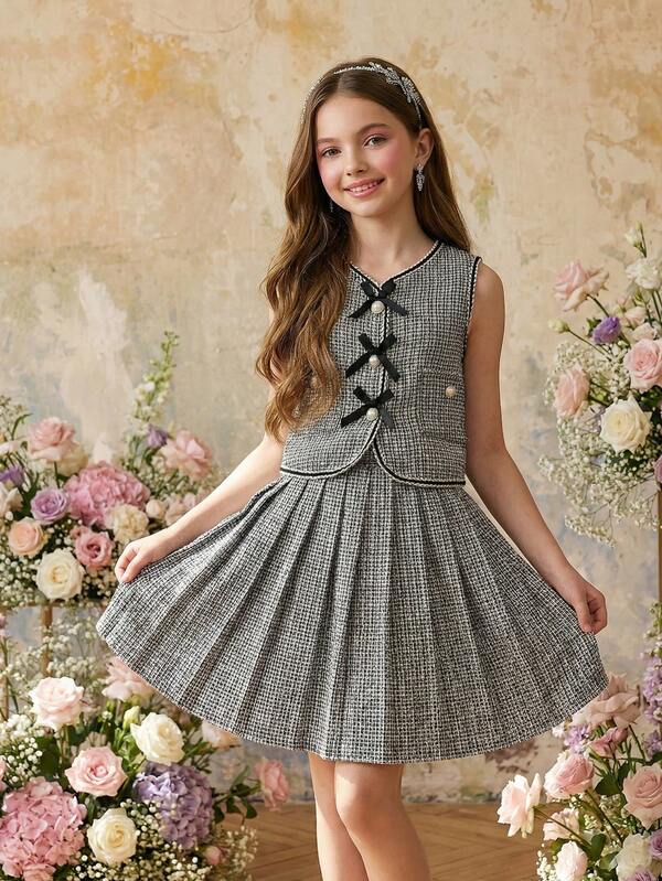 SHEIN 优雅无袖蝴蝶结开衫上衣和百褶裙套装，适合少女夏季