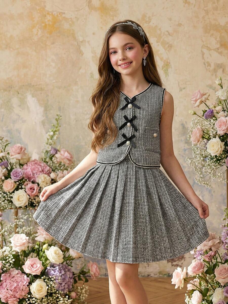 SHEIN 优雅无袖蝴蝶结开衫上衣和百褶裙套装，适合少女夏季 - 黑與白 - 查看 1