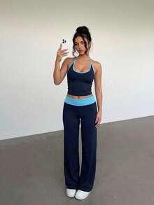 Aloruh Women's Casual Contrast Trim Tank Top + Pants Set - Navy Blue - View 7