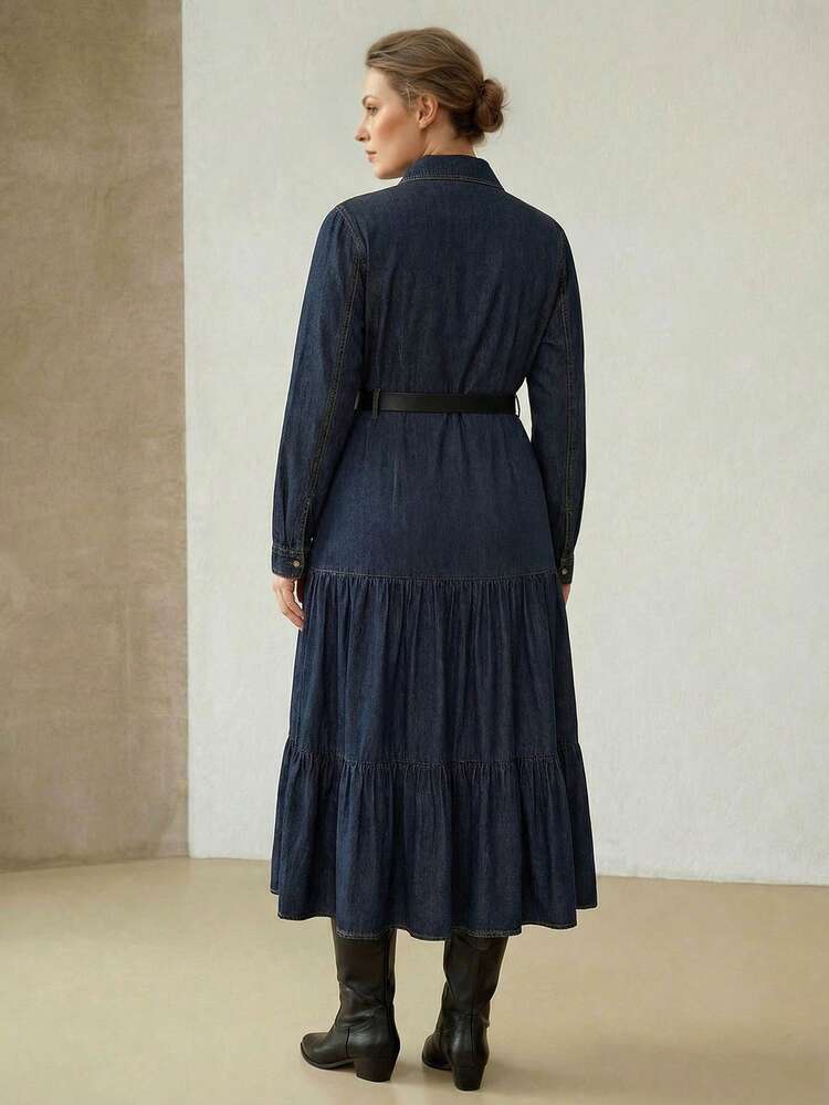 WOMEN'S PLUS LONG SLEEVE DENIM DRESS, SPRING/SUMMER