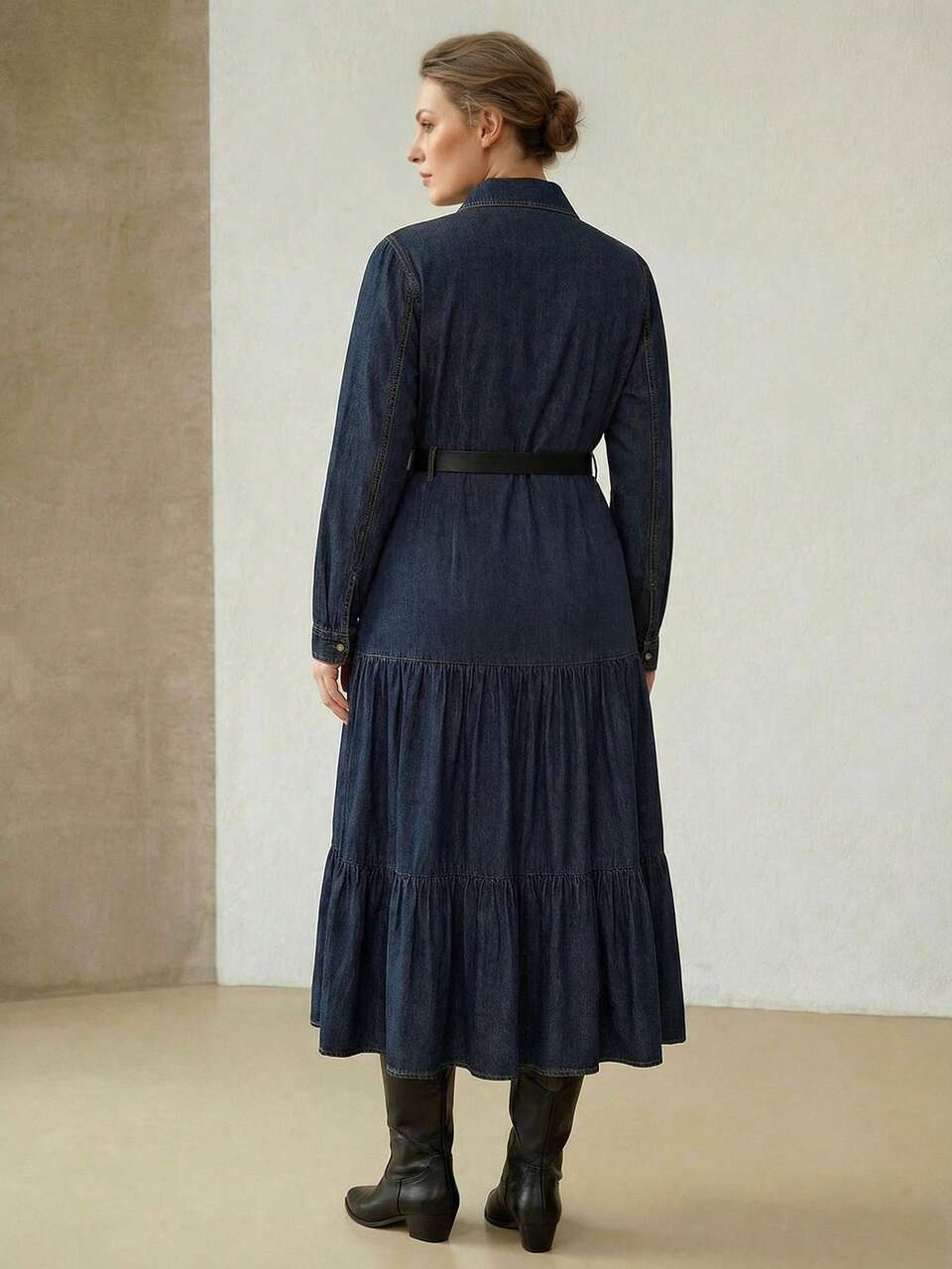 WOMEN'S PLUS LONG SLEEVE DENIM DRESS, SPRING/SUMMER