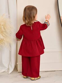 SHEIN 2pcs Set: Baby Girls Loose Fit Patchwork Collar Blouse And Pants, Wine Red - Red - View 2