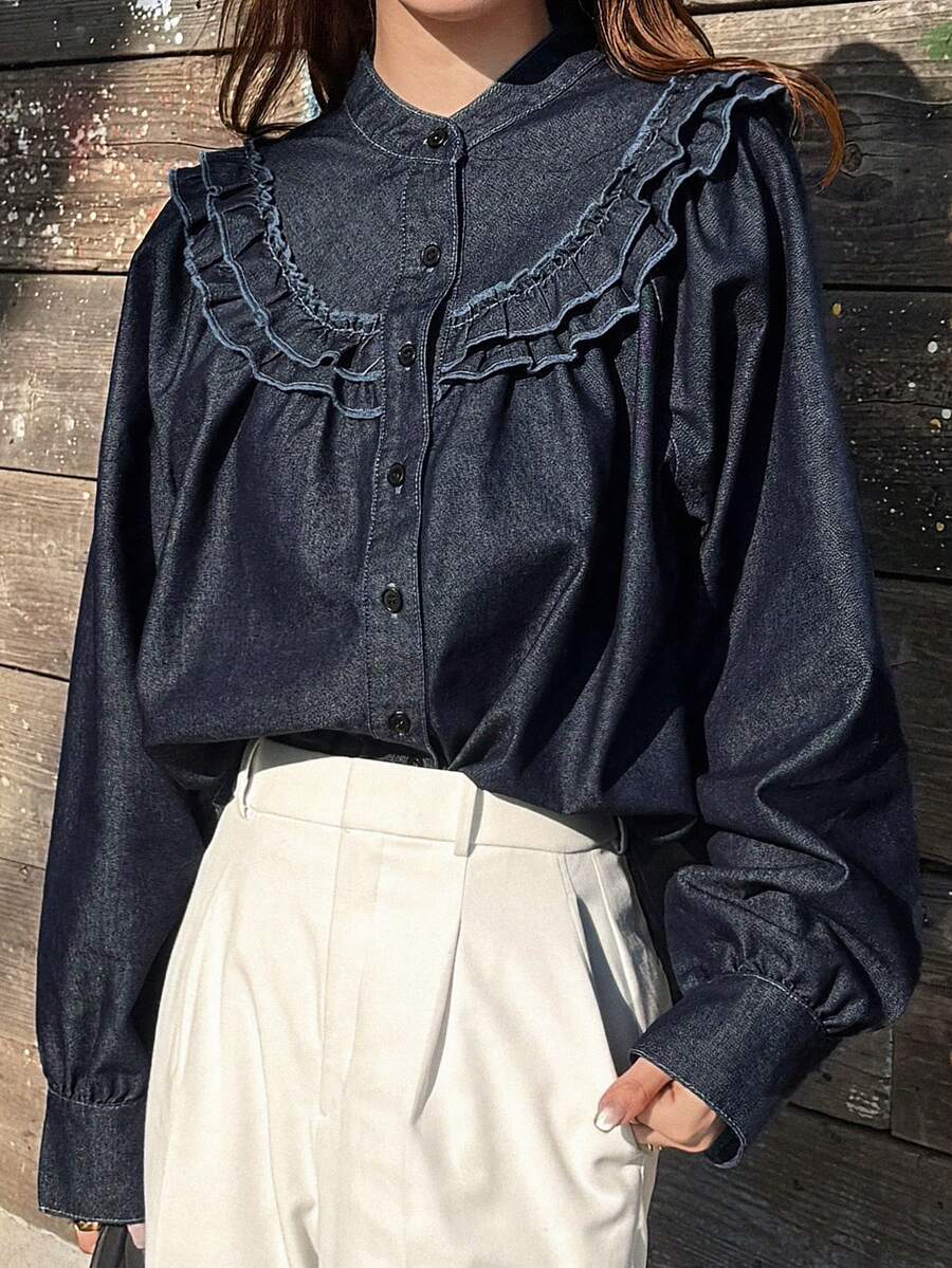 FRIFUL Blusa vaquera casual con volantes para ir al trabajo - Azul - Ver 1