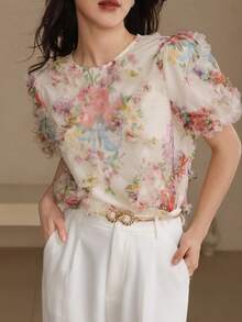 DAZY Women's Elegant Floral Print Round Neck Puff Sleeve Blouse, Spring/Summer - Pink - View 3