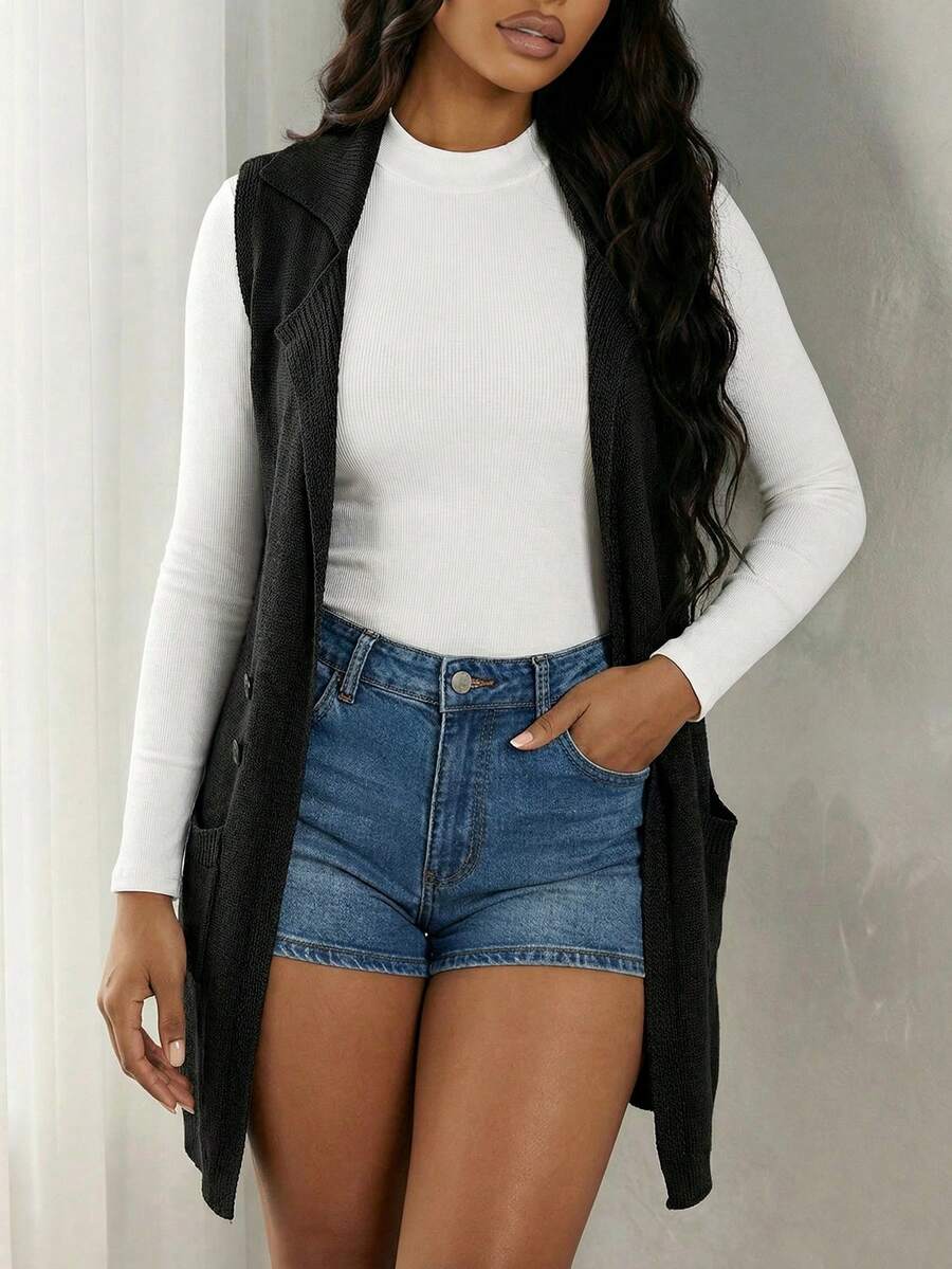 VaVaBold Women's Notched Lapel Double Breasted Cardigan - Black - View 1