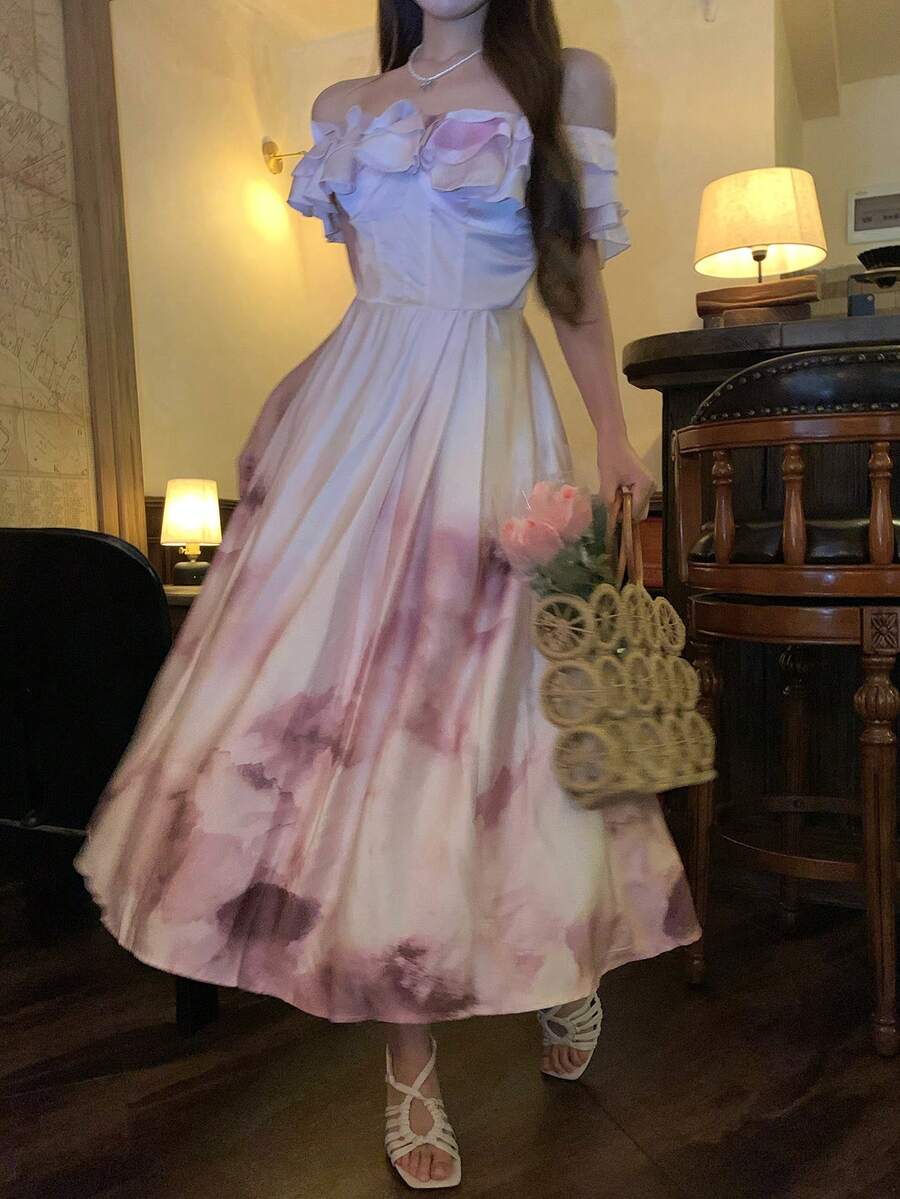 DAZY 女士露肩韩版荷叶边渐变休闲中长连衣裙 - 粉色 - 查看 1