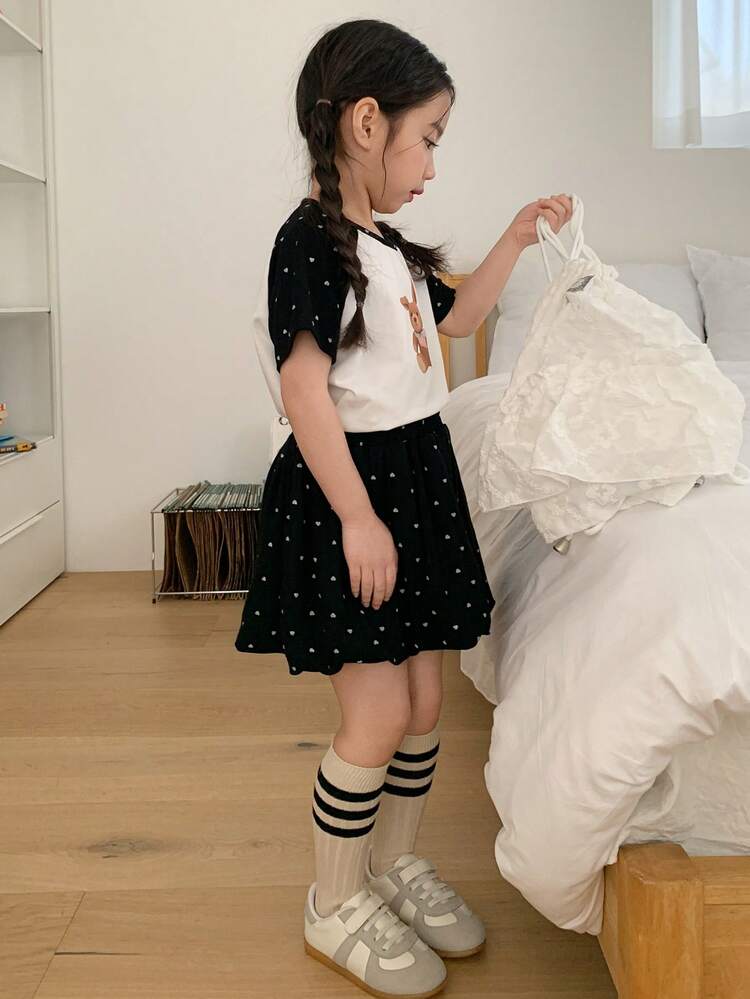 2pcs/Set Young Girls Contrast Color Cartoon Print Long Sleeve T-Shirt And Shorts Set