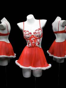 Christmas Red & White Embroidered Mesh Backless Camisole Nightgown - Red and White - View 6