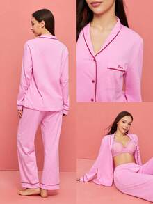LUVLETTE 柔软棉质撞色滚边基础款纽扣上衣和裤子粉色家居服睡衣套装，裤子带口袋，女士家居服套装，情人节礼物 - 粉色 - 查看 2
