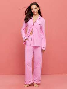 LUVLETTE 柔软棉质撞色滚边基础款纽扣上衣和裤子粉色家居服睡衣套装，裤子带口袋，女士家居服套装，情人节礼物 - 粉色 - 查看 8