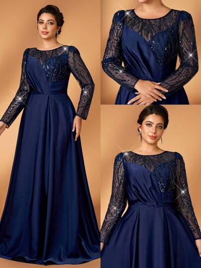 Serin Plus-Size Elegant, Luxurious Deep Blue Sequined Embroidered Patchwork Round Neck Irregular Panel Patchwork Long Sleeves Pleated A-Line Hem Suitable For Dinner Parties, Dances, Vacations, Weddings, Music Festivals Bride's Mother's Dresses And Guest Dresses