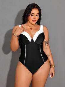 Shapewave 大码优雅夏季度假沙滩显瘦显瘦黑白撞色胸部支撑连体泳衣 - 黑與白 - 查看 6