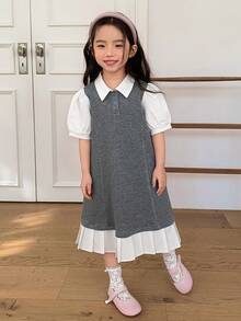 DAZY Young Girl' Collared Color Block Ruffle Trim Casual Patchwork Korean Style Puff Sleeve Dress - Grey - View 1