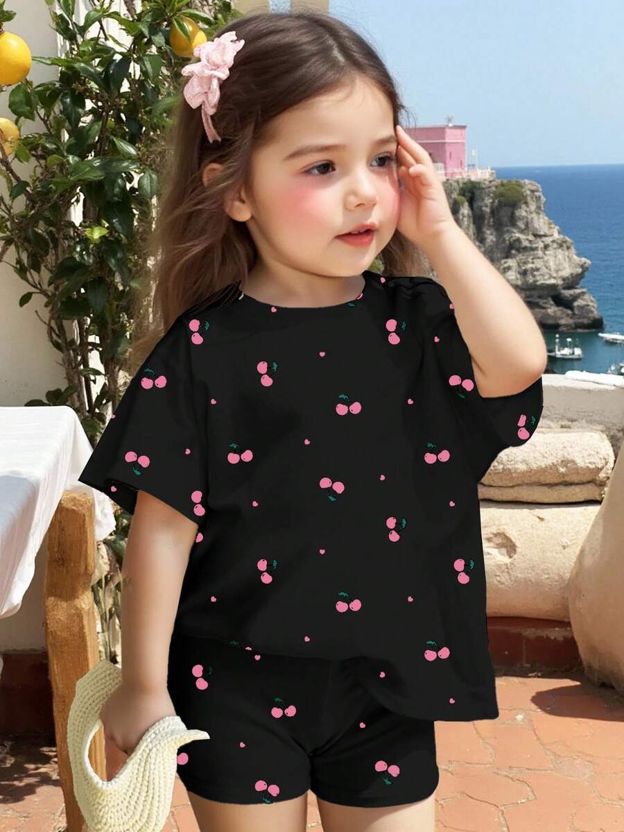 两件套黑色和粉色可爱复古迷你爱心樱桃印花少女休闲简约短袖上衣和短裤套装，适合夏季穿着 - 彩色 - 查看 1