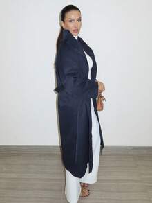 MDEdit Áo khoác dạ nữ tay dài màu trơn rộng rãi có thắt lưng, túi cài nút, áo khoác nữ, quần áo mùa thu cho nữ - Màu xanh hải quân - Xem 6